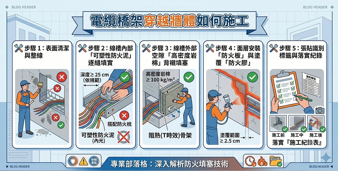 電纜橋架穿越牆體如何施工？標準防火填塞工法步驟全圖解。
