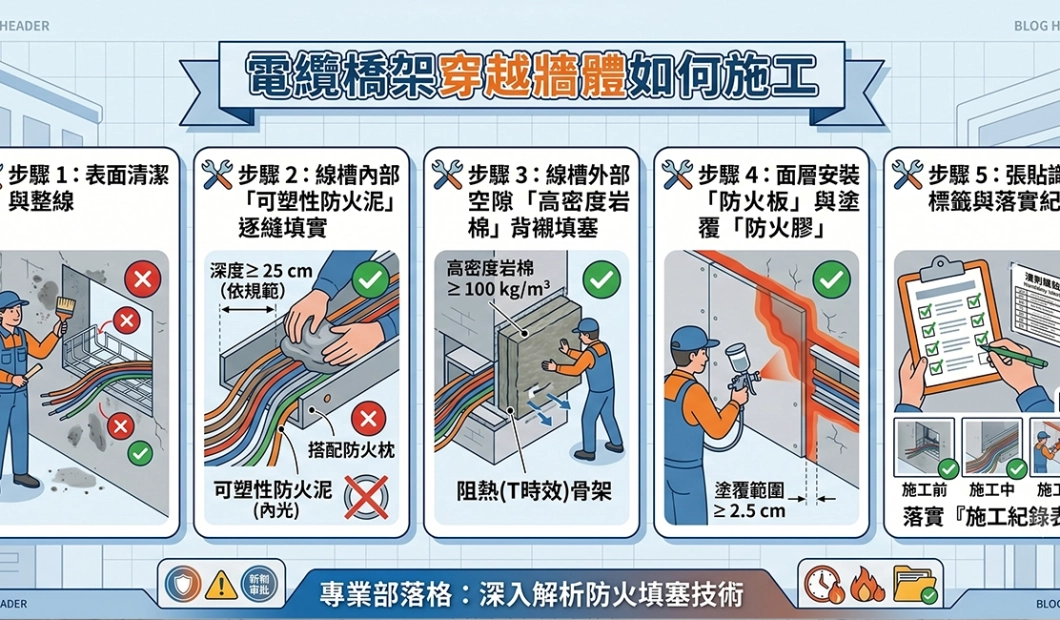 電纜橋架穿越牆體如何施工？標準防火填塞工法步驟全圖解。