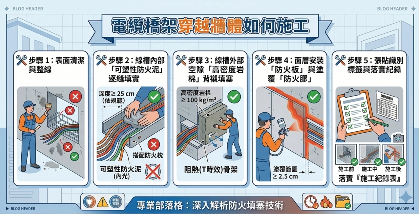 電纜橋架穿越牆體如何施工？標準防火填塞工法步驟全圖解。