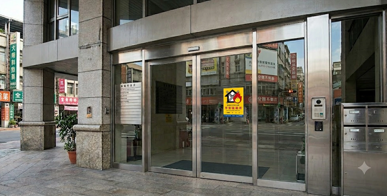 社區大樓入口玻璃門張貼公安檢查缺失標示